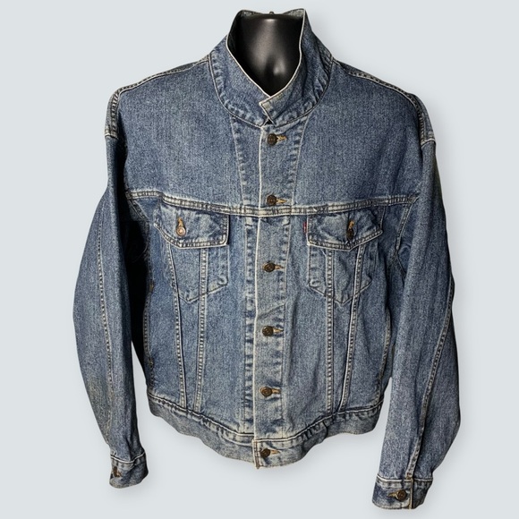 Levis Men’s Jean Jacket Size Large Cropped Denim 100% Cotton - Picture 4 of 16